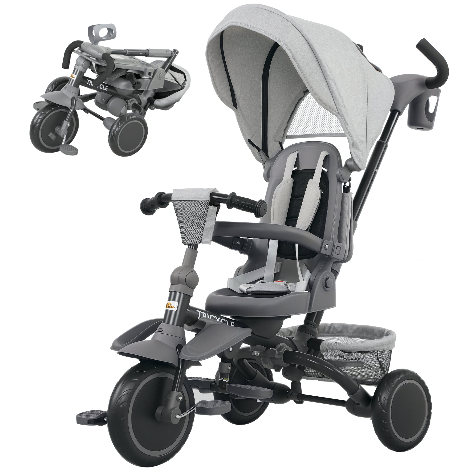 6 in 1 Kids Tricycle with Adjustable Push Handle, Removable Canopy, Reversible Seat, for 1-5 Years, Gray