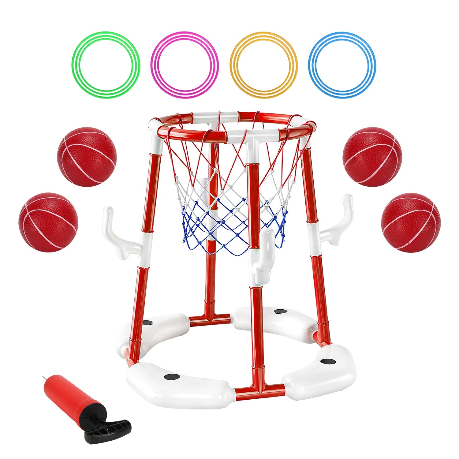 1Set Summer Pool Basketball Hoop Toy Set With 4 Basketballs 4 Circles Floating Swimming Pool Basketball Games Poolside Water Play Toy For 3 To 12Years Old Kids Adults