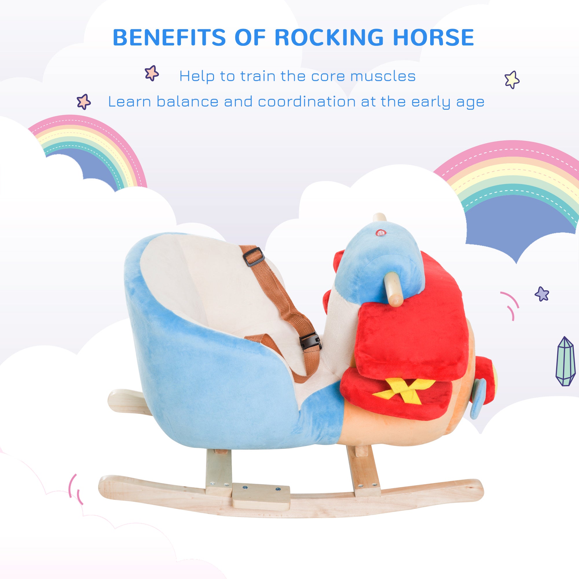 Kids Rocking Horse, Wooden Plush Ride-on Plane Chair Toy with Lullby Song and Seat Belt for 18 Month +