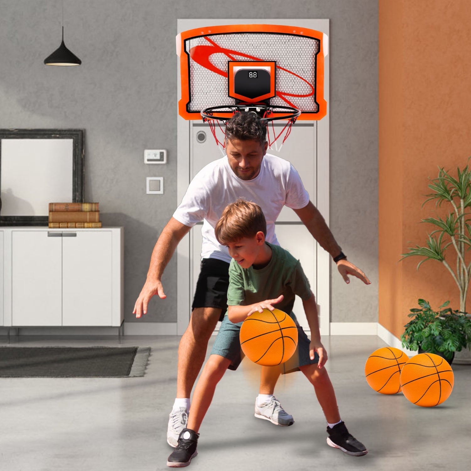 1Set Indoor Mini Basketball Hoop Set Over Door Basketball Hoop With 4 Inflatable Balls Electric Audio Scorer Foldable Basket Gift For Kids And Adults