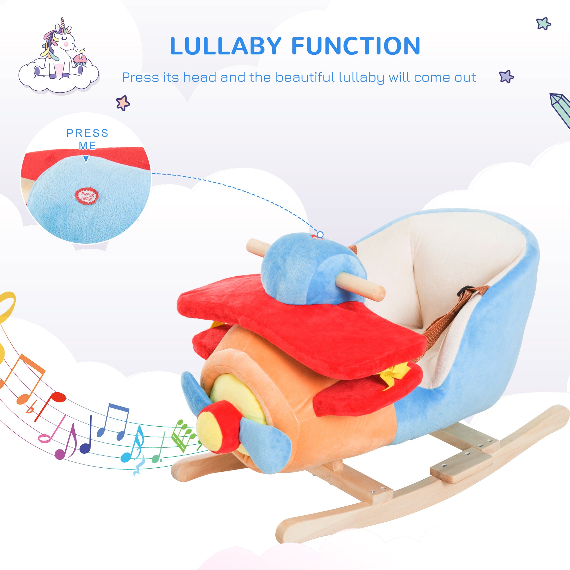 Kids Rocking Horse, Wooden Plush Ride-on Plane Chair Toy with Lullby Song and Seat Belt for 18 Month +