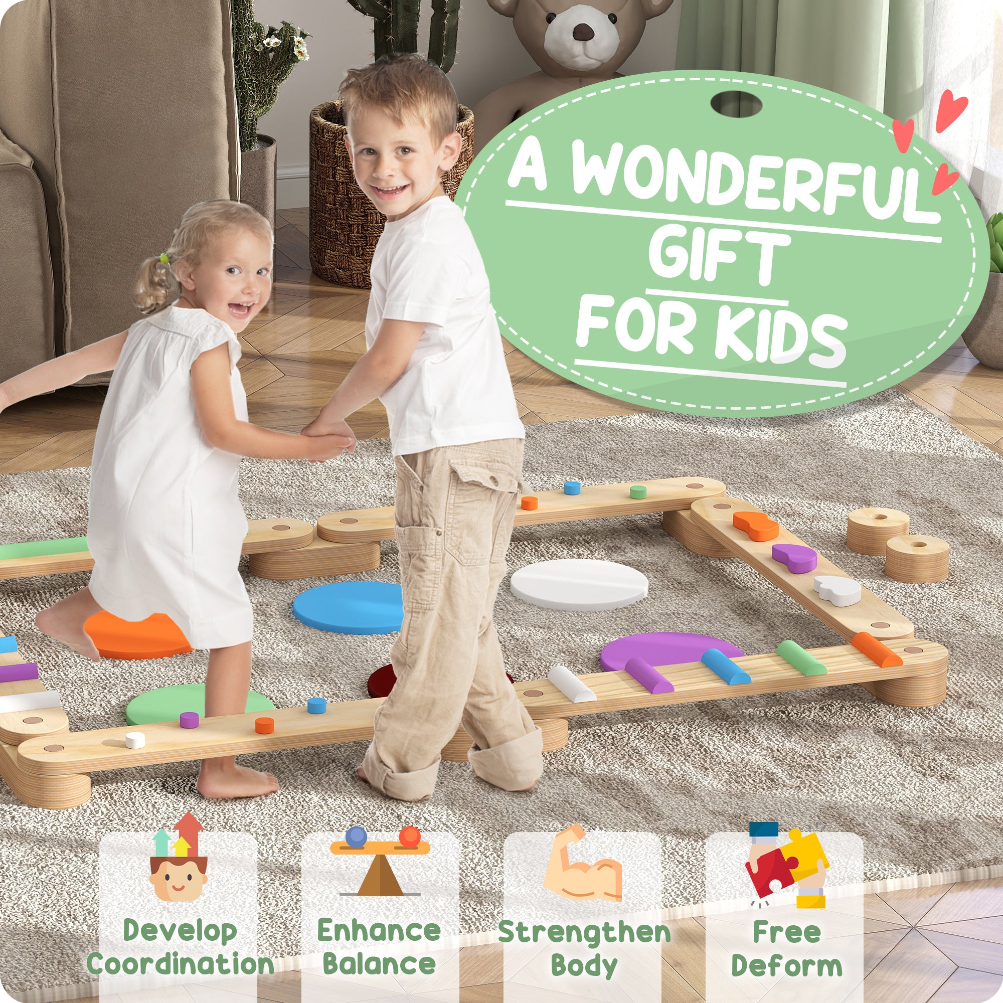 Kids Balance Beam, Wooden Balance Board with Stepping Stone for 3-8 Years